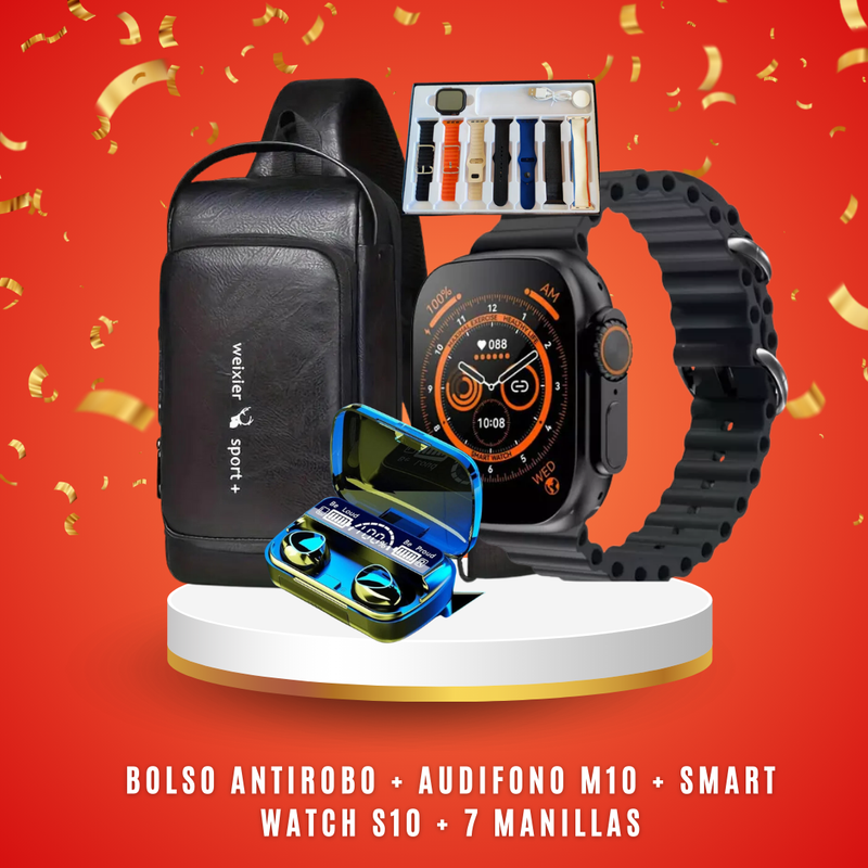 🔥 COMBO SMARTWATCH S10 ⌚ + AUDÍFONO M10 🎧 + BOLSO ANTIRROBO 🔒 + 7 MANILLAS 🎁